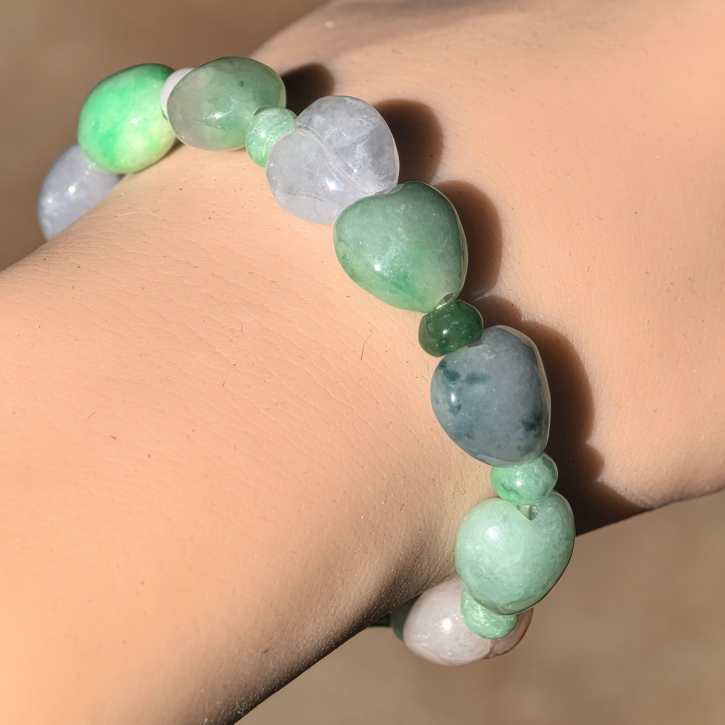 Natural Grade-A Glutinous Multicolor Peach-Shaped Jadeite Bracelet · Burmese Jade 11mm