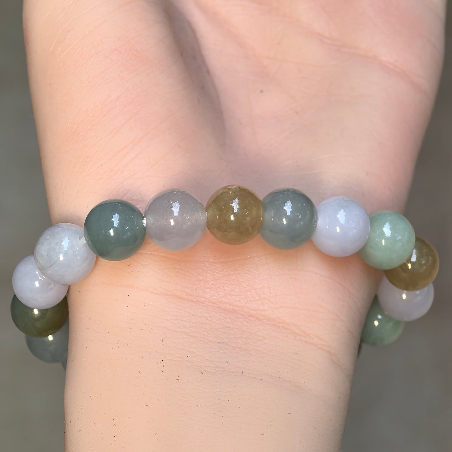 Natural Grade-A Icy Glutinous Multicolor Round-Bead Jadeite Bracelet · Burmese Jade 10mm