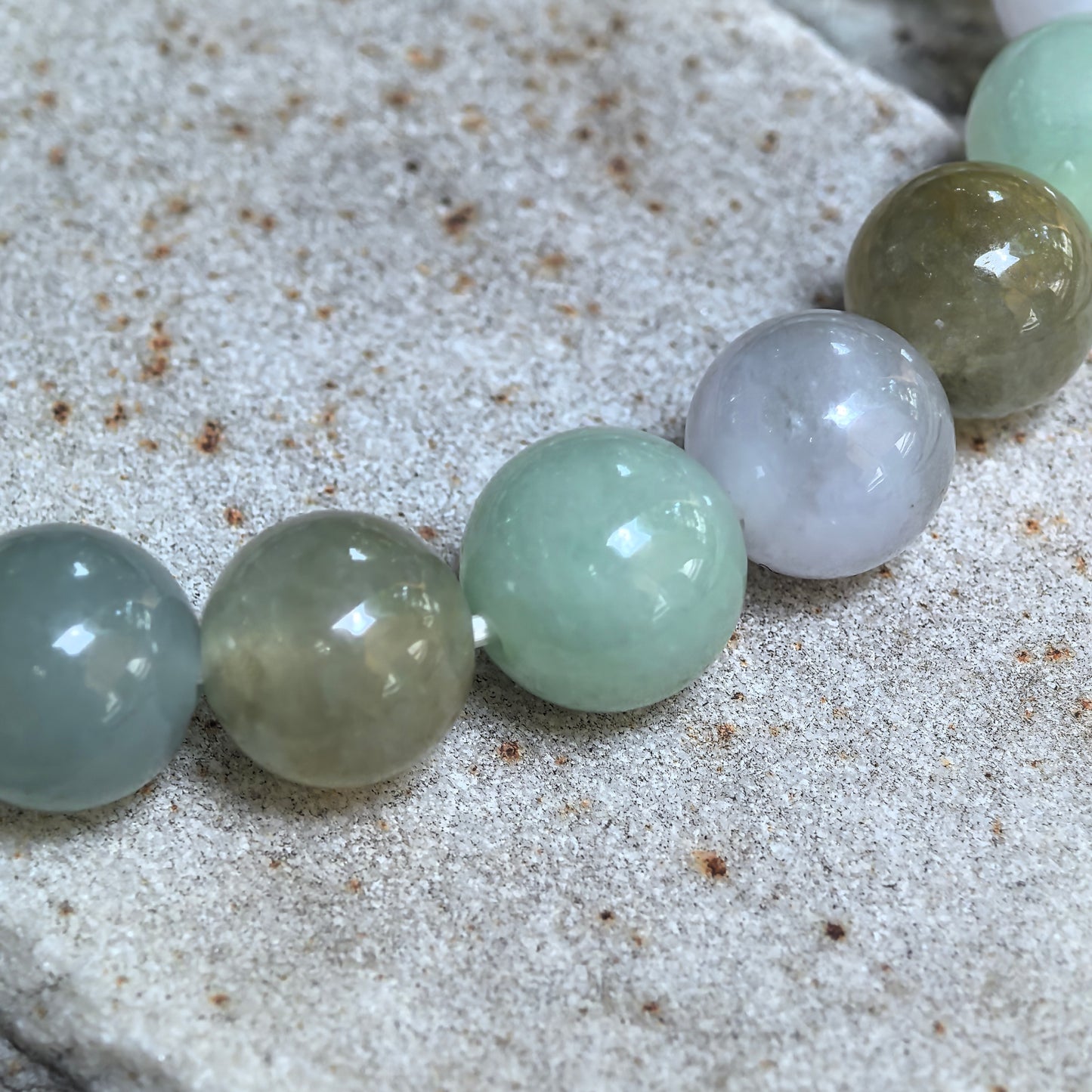 Natural Grade-A Icy Glutinous Multicolor Round-Bead Jadeite Bracelet · Burmese Jade 10mm
