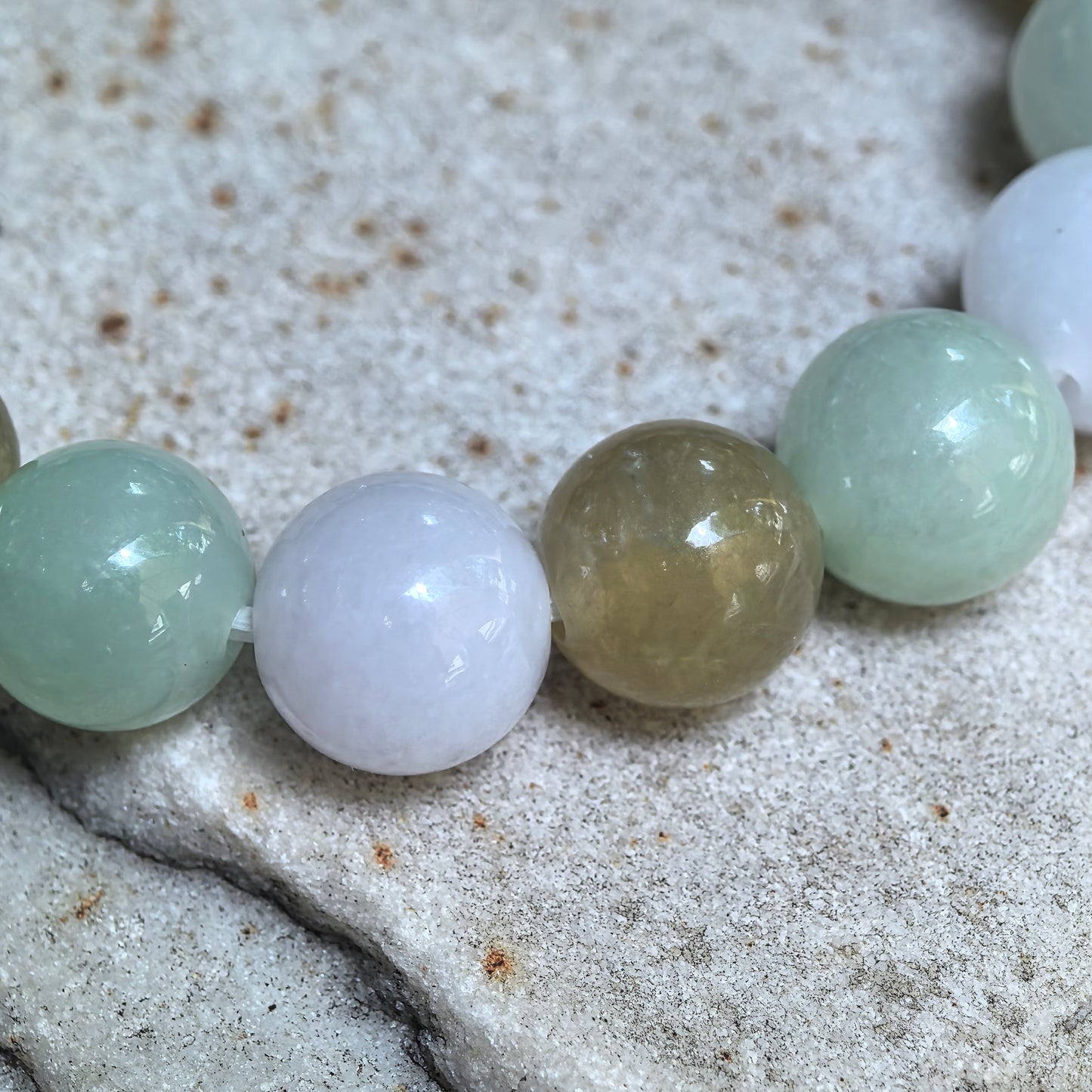 Natural Grade-A Icy Glutinous Multicolor Round-Bead Jadeite Bracelet · Burmese Jade 10mm