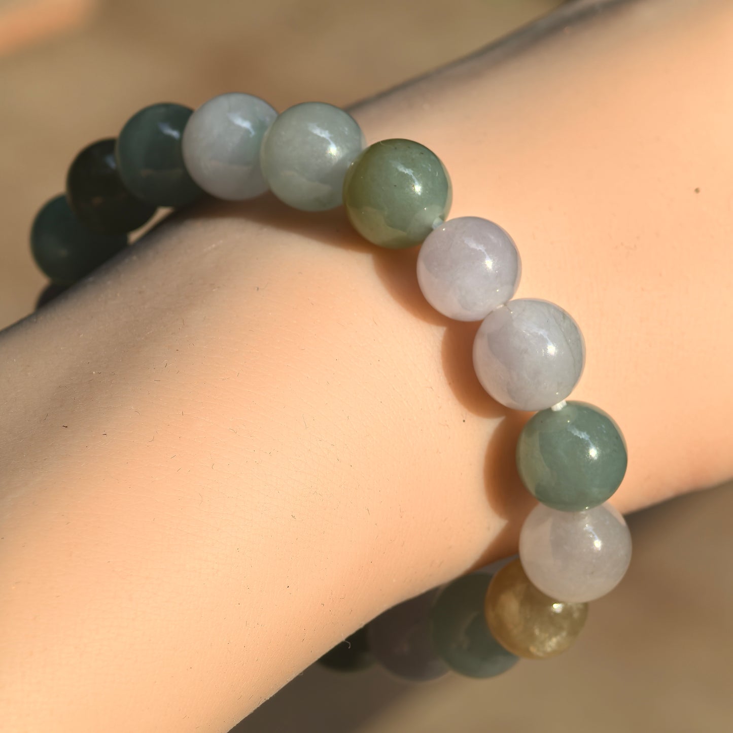 Natural Grade-A Icy Glutinous Multicolor Round-Bead Jadeite Bracelet · Burmese Jade 10mm