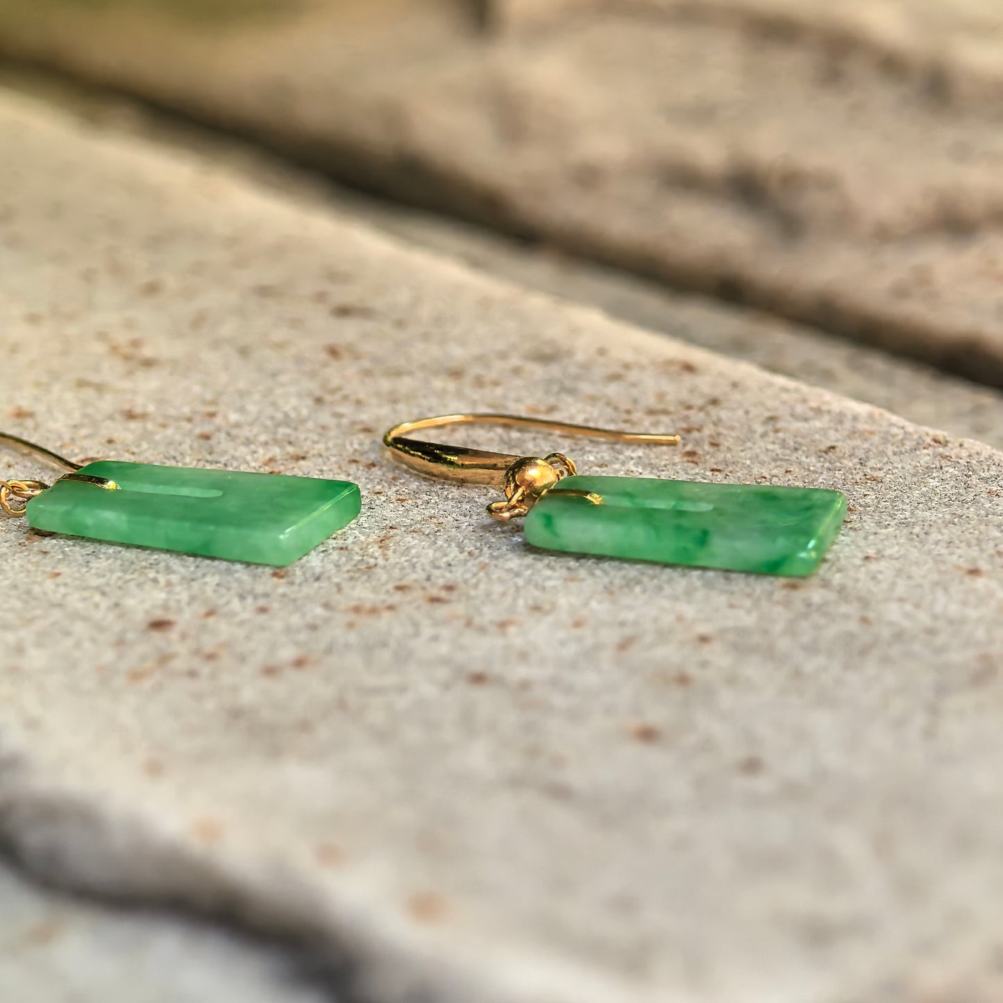 Natural Grade-A Glutinous Green Rectangular Jadeite Drop Earrings · Burmese Jade