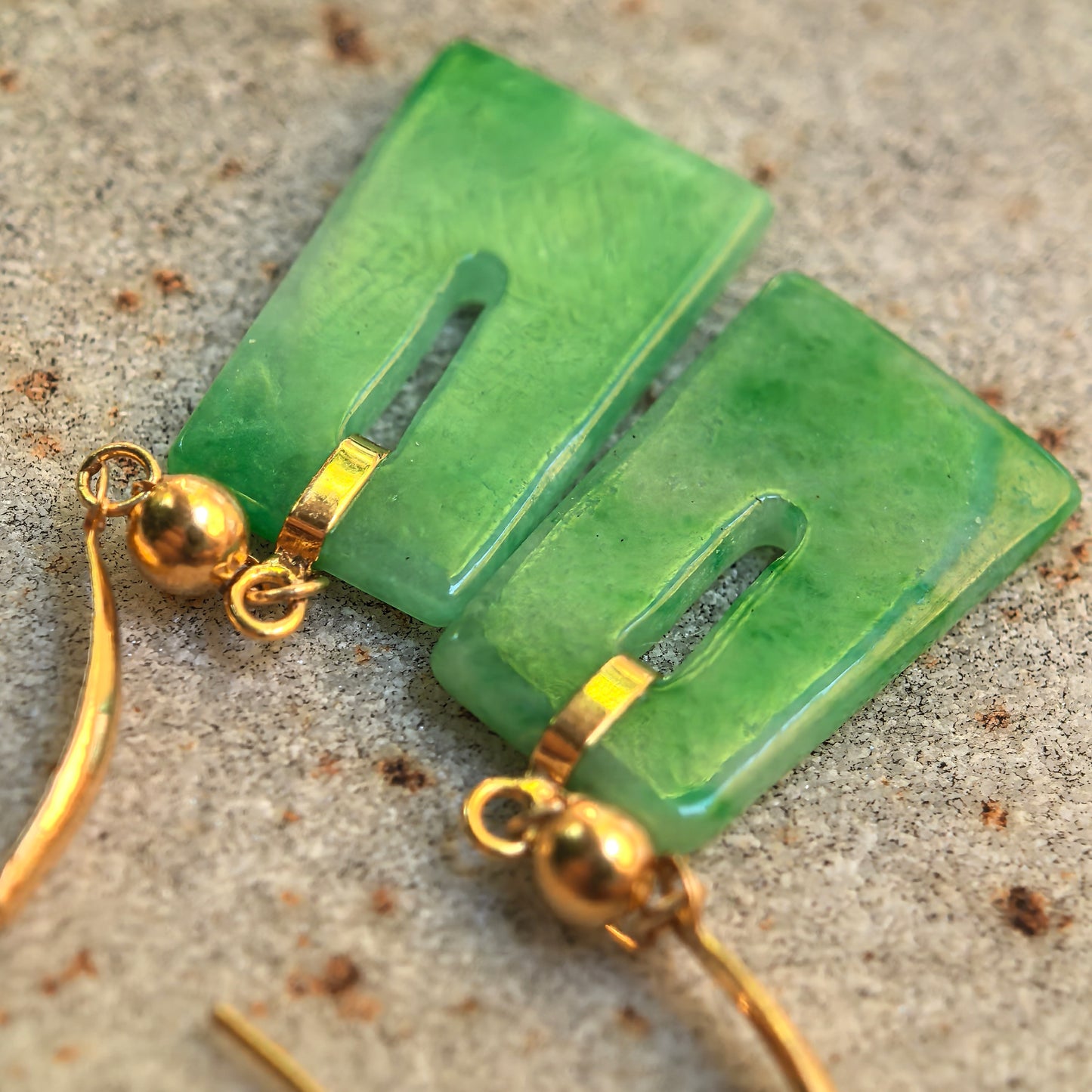 Natural Grade-A Glutinous Green Rectangular Jadeite Drop Earrings · Burmese Jade