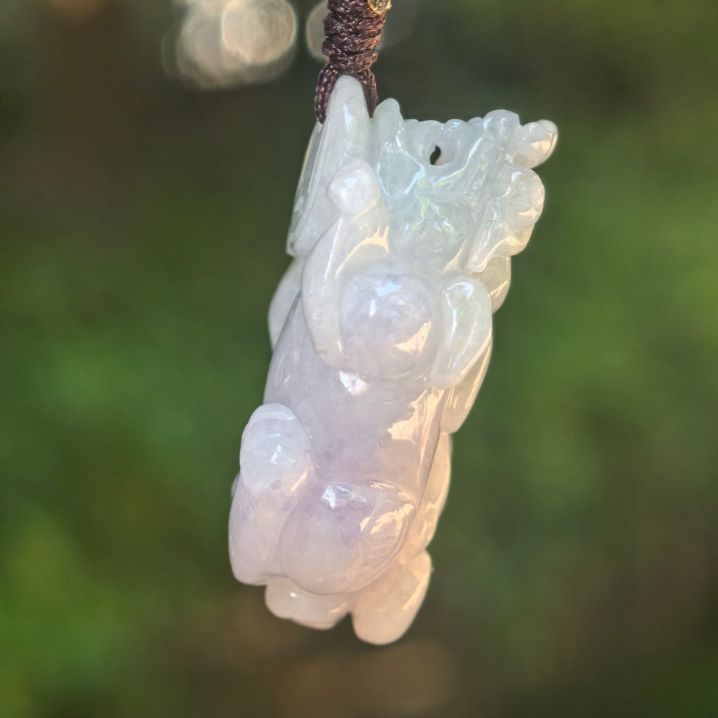 Natural Grade-A Glutinous Light Green and Pale Lavender Pixiu Jadeite Pendant · Burmese Jade