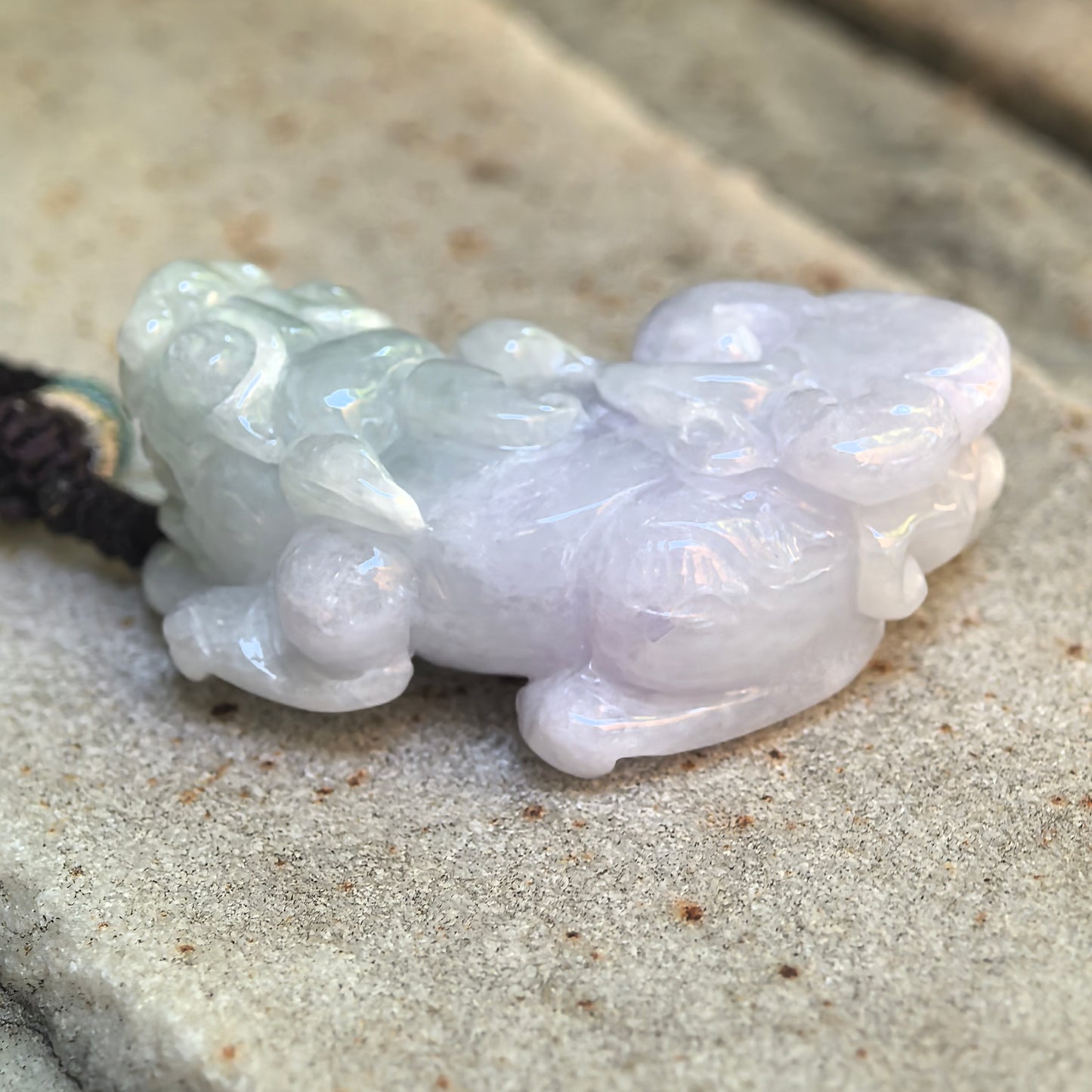 Natural Grade-A Glutinous Light Green and Pale Lavender Pixiu Jadeite Pendant · Burmese Jade