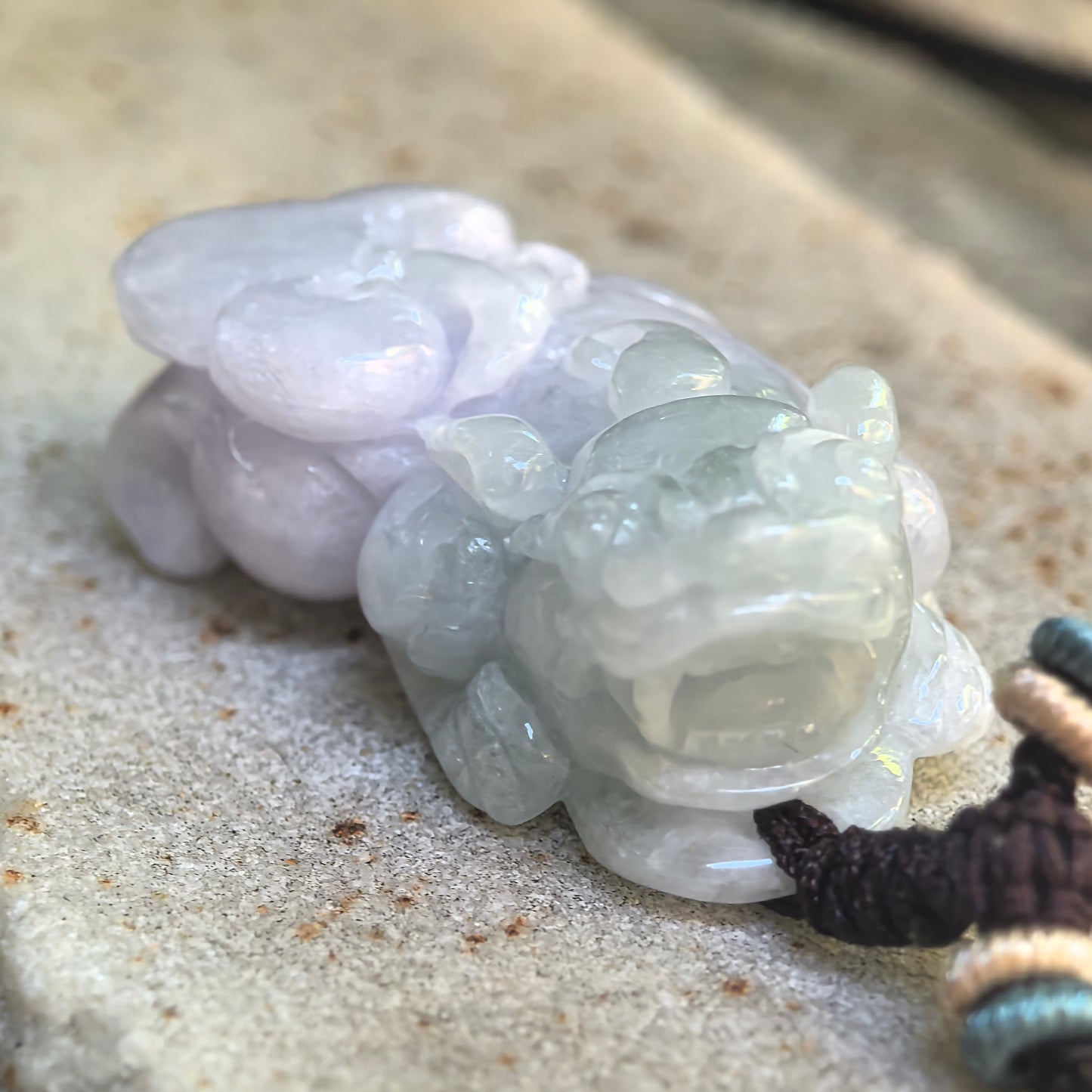 Natural Grade-A Glutinous Light Green and Pale Lavender Pixiu Jadeite Pendant · Burmese Jade