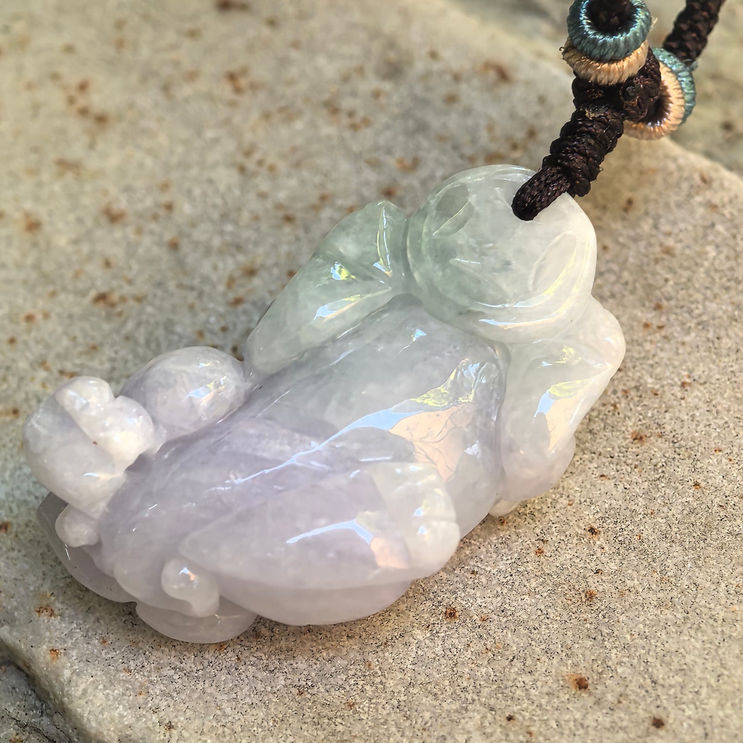 Natural Grade-A Glutinous Light Green and Pale Lavender Pixiu Jadeite Pendant · Burmese Jade