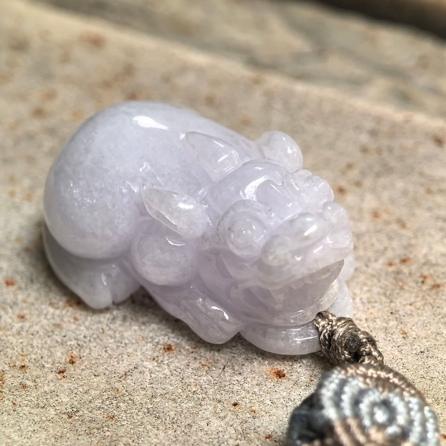 Natural Grade-A Glutinous Pale Lavender Pixiu Pendant · Burmese Jade
