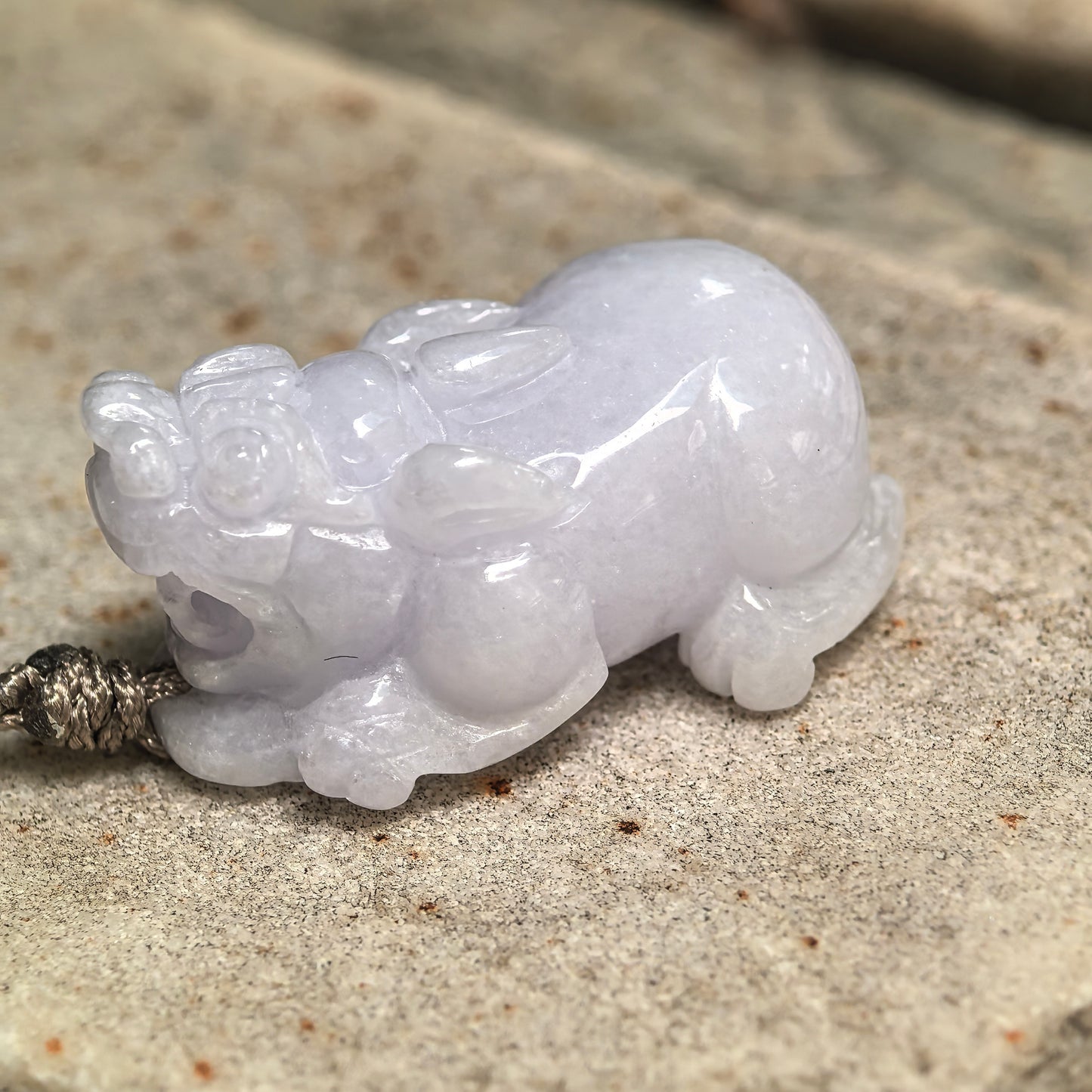 Natural Grade-A Glutinous Pale Lavender Pixiu Pendant · Burmese Jade