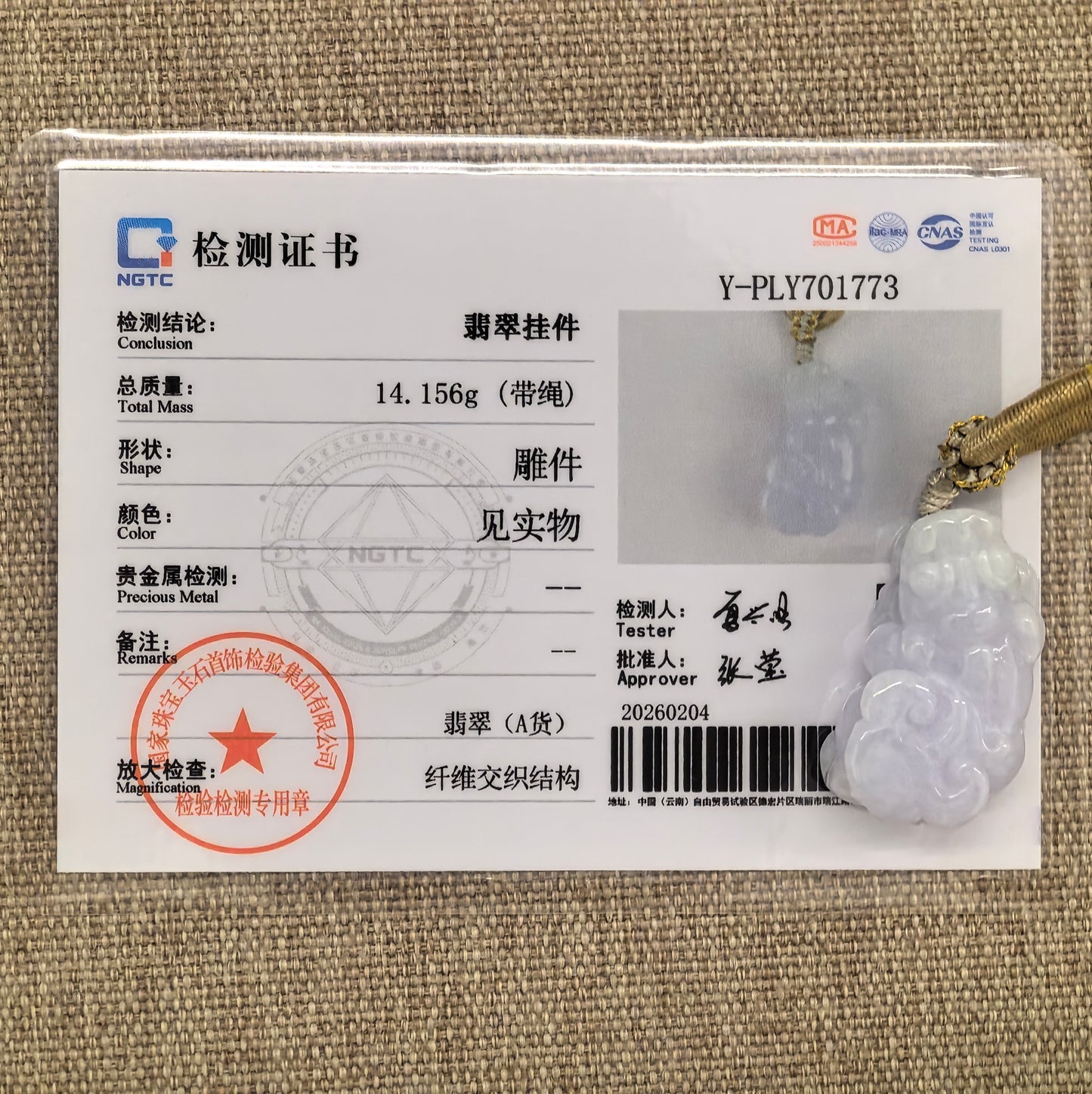 NGTC-certified light spring Pixiu jadeite pendant displayed with its matching certificate and documented weight of 14.156 g including cord.