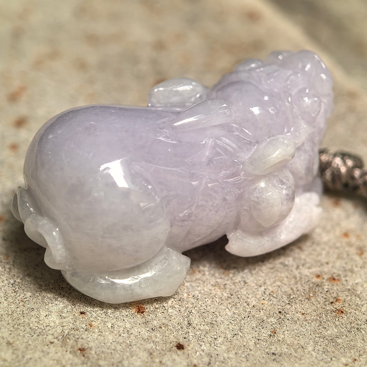 Natural Grade-A Glutinous Pale Lavender Pixiu Jadeite Pendant · Burmese Jade