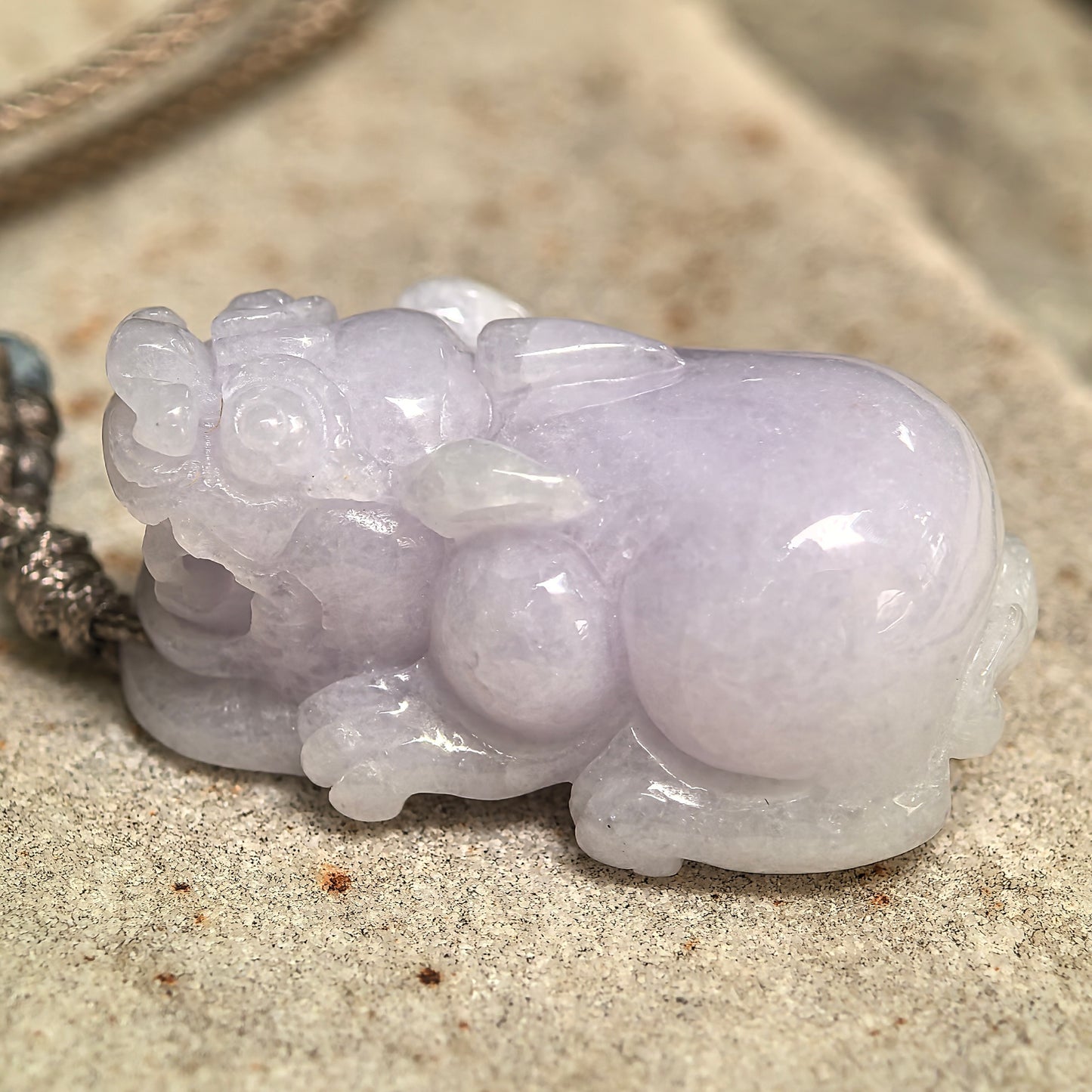 Natural Grade-A Glutinous Pale Lavender Pixiu Jadeite Pendant · Burmese Jade