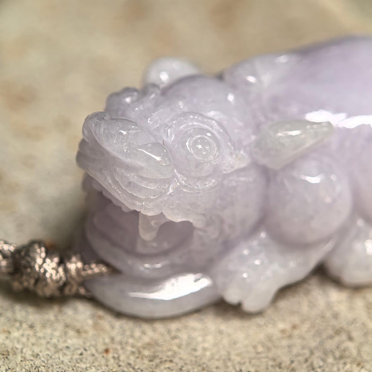 Natural Grade-A Glutinous Pale Lavender Pixiu Jadeite Pendant · Burmese Jade