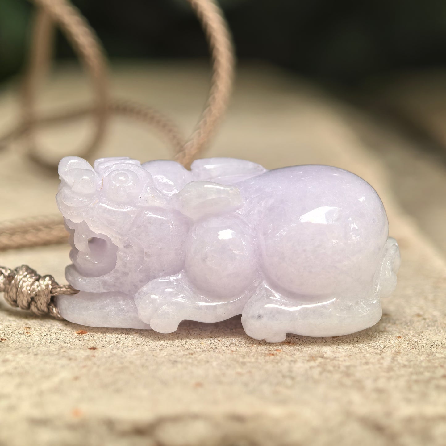 Natural Grade-A Glutinous Pale Lavender Pixiu Jadeite Pendant · Burmese Jade