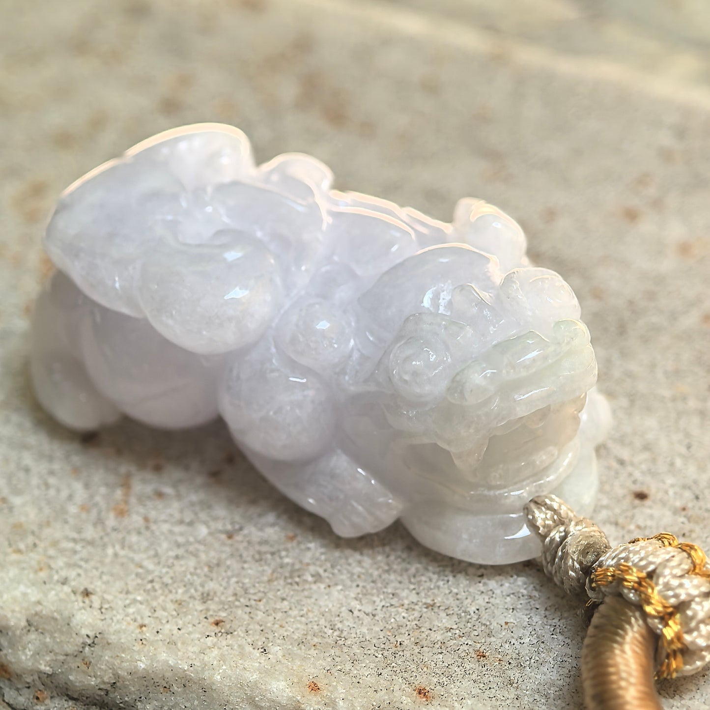 Natural Grade-A Glutinous Pale Lavender Pixiu Jadeite Pendant · Burmese Jade