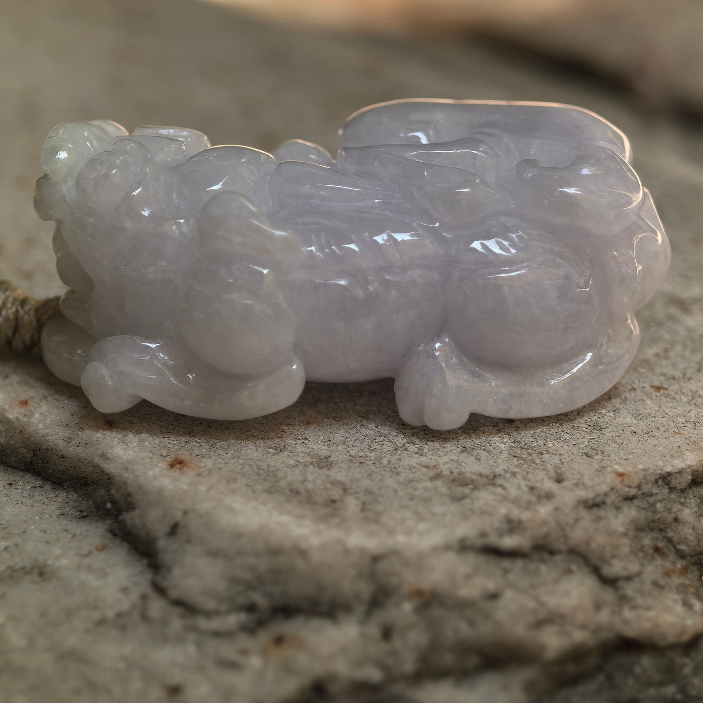 Natural Grade-A Glutinous Pale Lavender Pixiu Jadeite Pendant · Burmese Jade