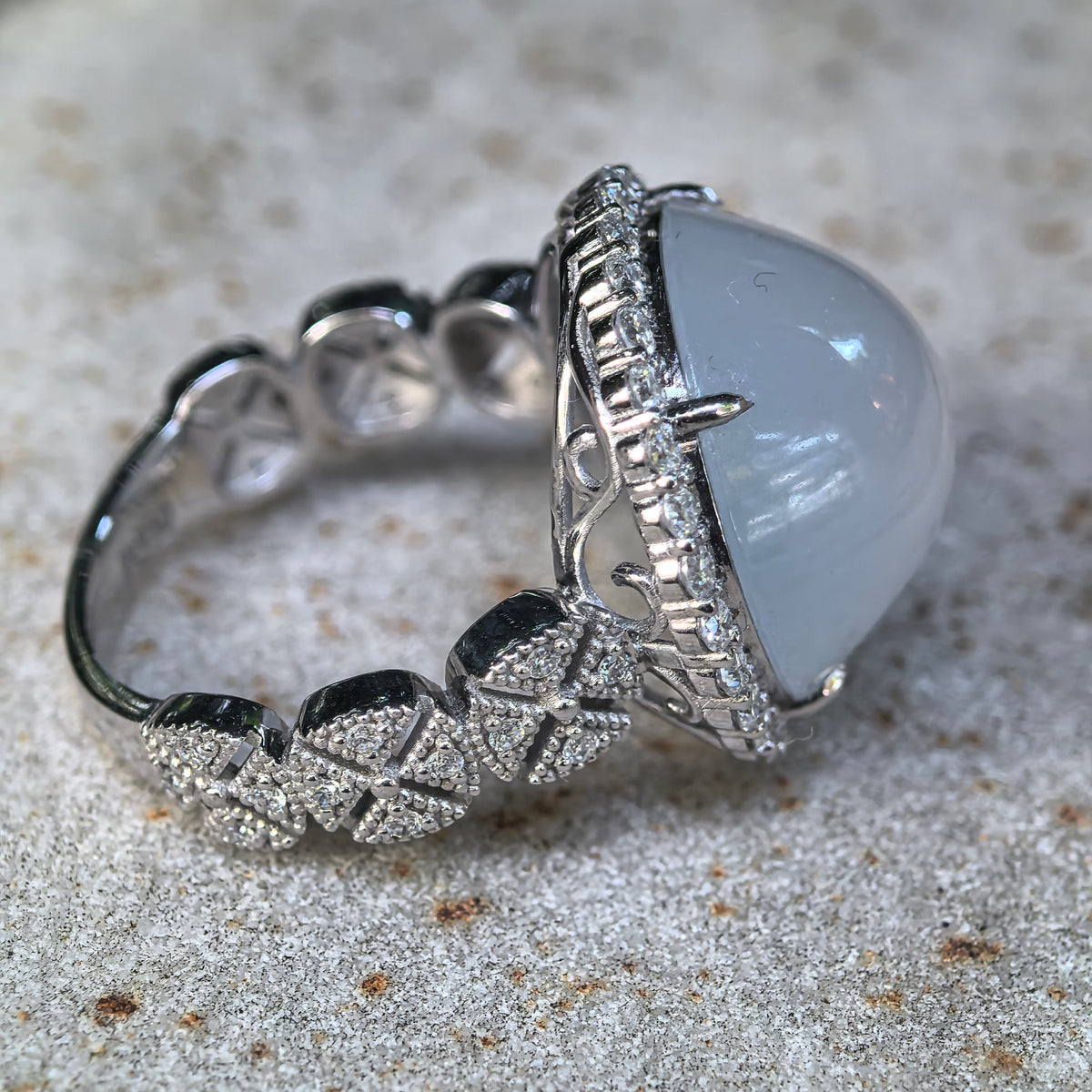 Icy Glutinous Light Blue Cabochon Jadeite Ring – US7.25