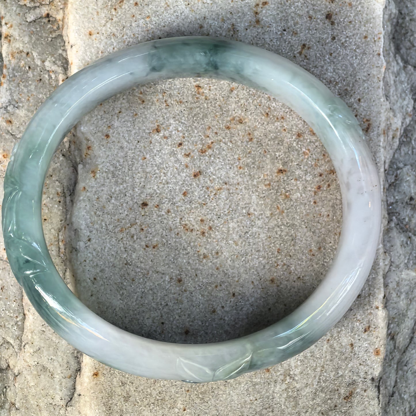 Natural Grade-A Glutinous Green Floating Flower Carved Oval Jadeite Bangle · Burmese Jade 50mm