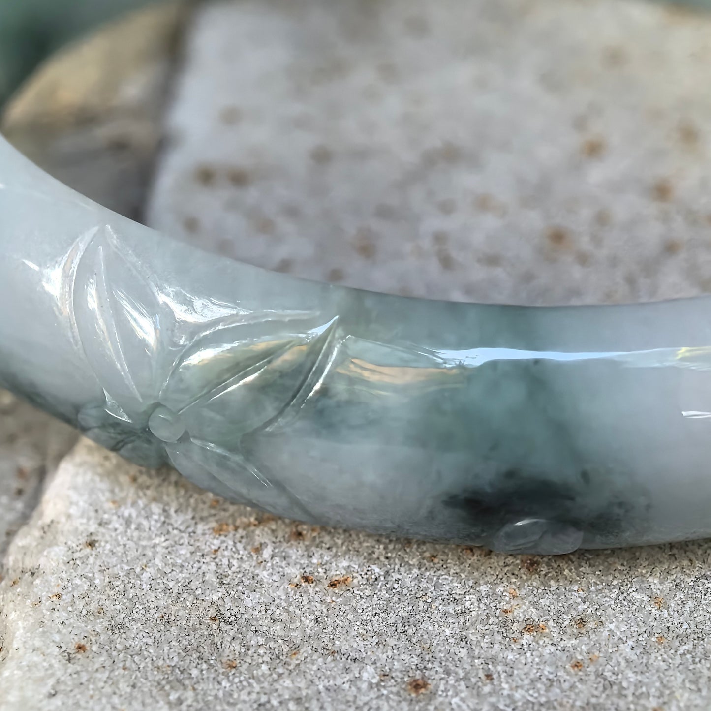 Natural Grade-A Glutinous Green Floating Flower Carved Oval Jadeite Bangle · Burmese Jade 50mm