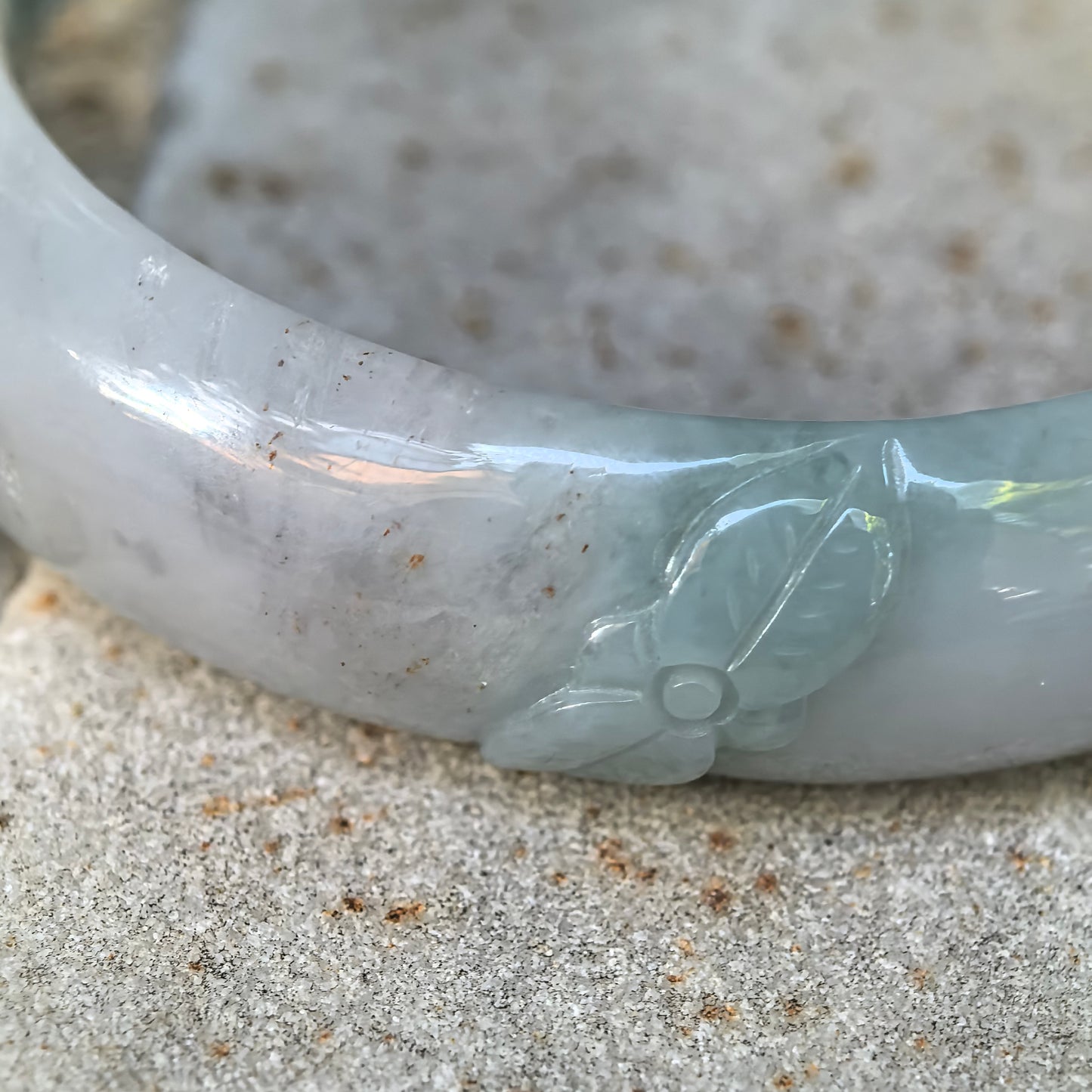 Natural Grade-A Glutinous Green Floating Flower Carved Oval Jadeite Bangle · Burmese Jade 50mm
