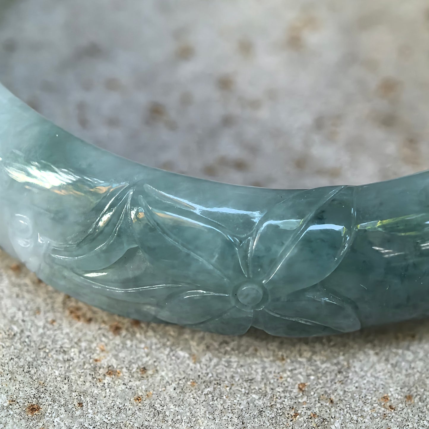 Natural Grade-A Glutinous Green Floating Flower Carved Oval Jadeite Bangle · Burmese Jade 50mm