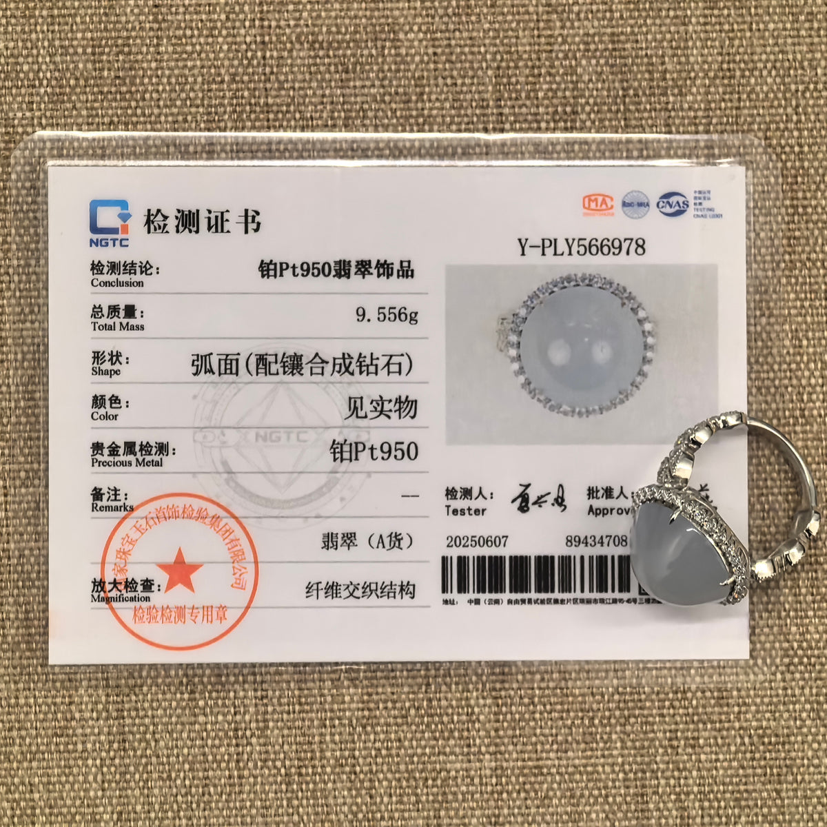 NGTC certified natural Grade-A light blue Burmese jadeite ring shown with its matching certificate confirming Pt950 platinum and synthetic diamond setting.