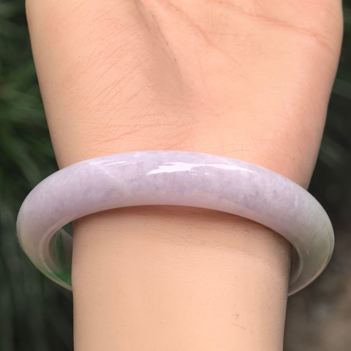 Glutinous Pale Lavender with Bright Green D-Shape Jadeite Bangle – 57mm