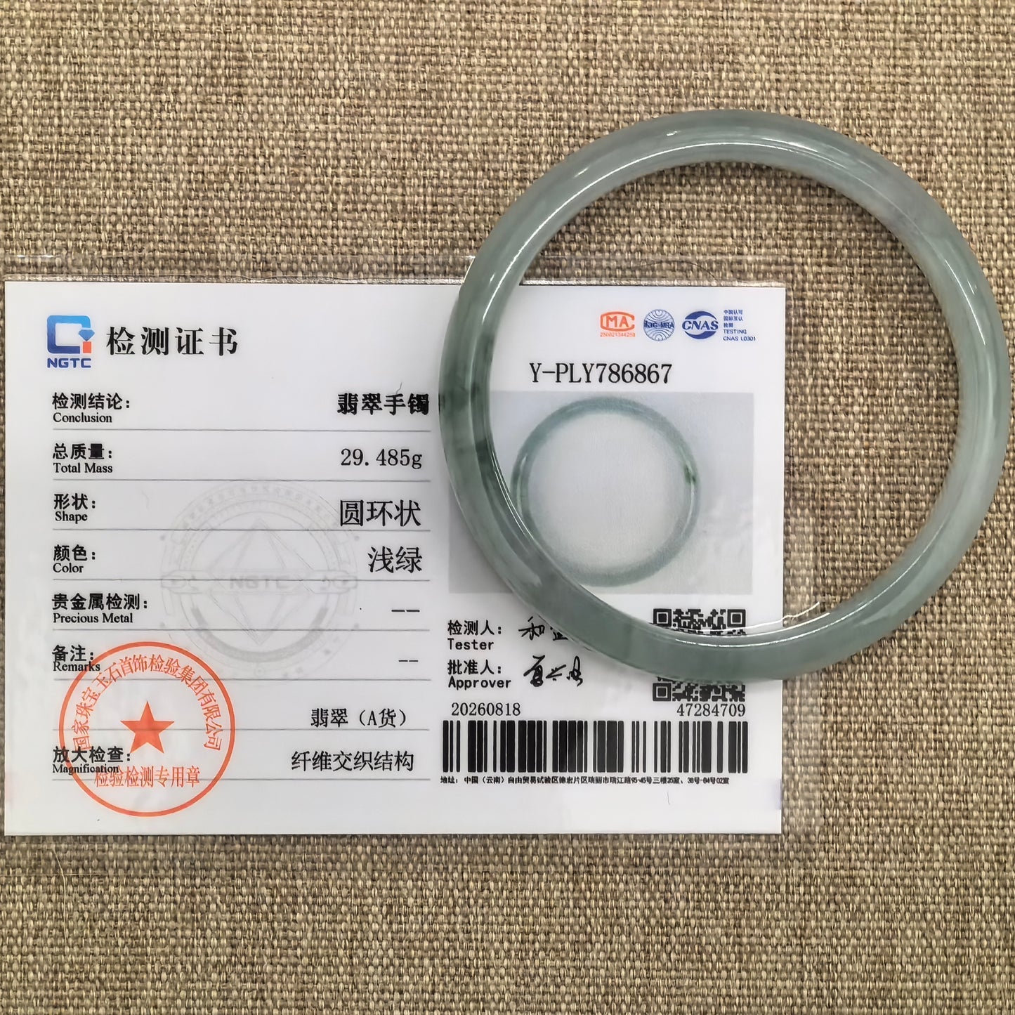 NGTC certified Grade-A light green jadeite bangle shown with its matching certificate and 29.485 g weight.