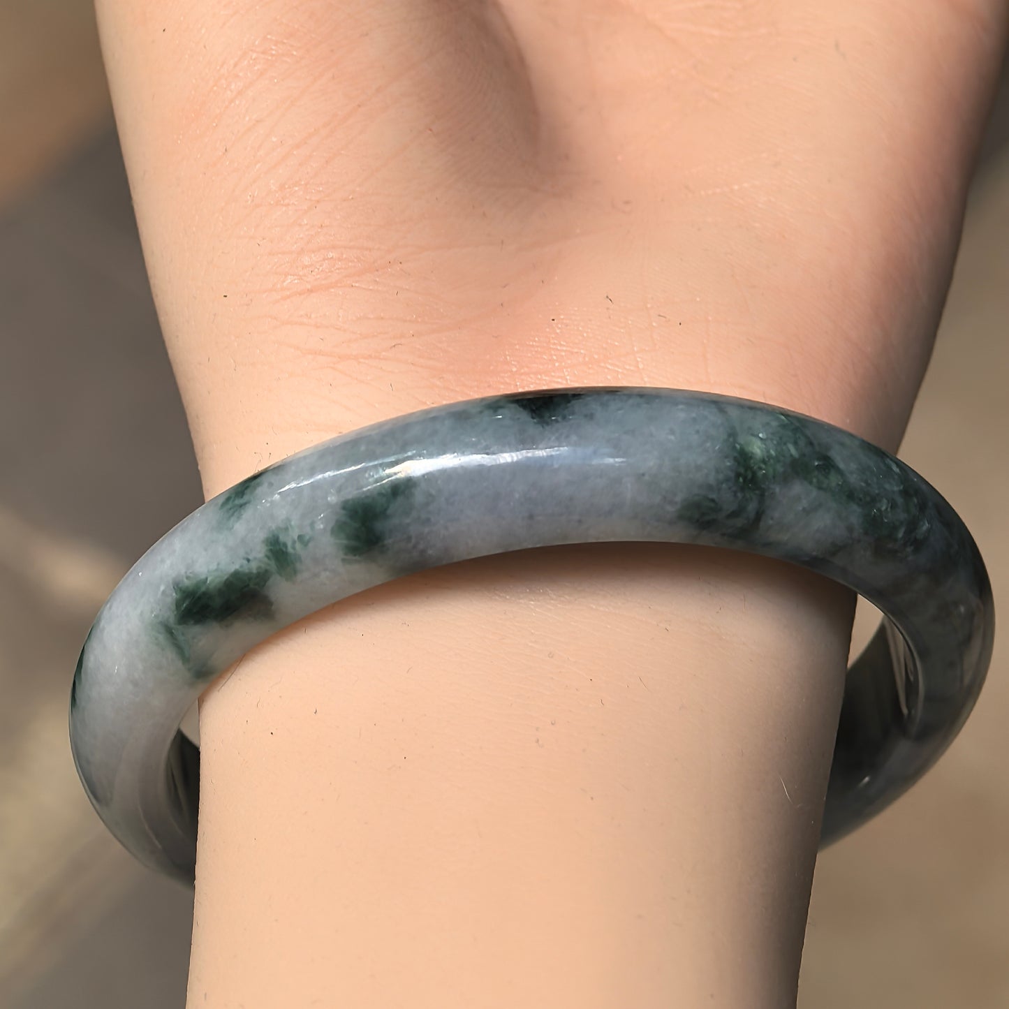 Glutinous Dark Green Floating Flower D-Shape Jadeite Bangle – 59mm