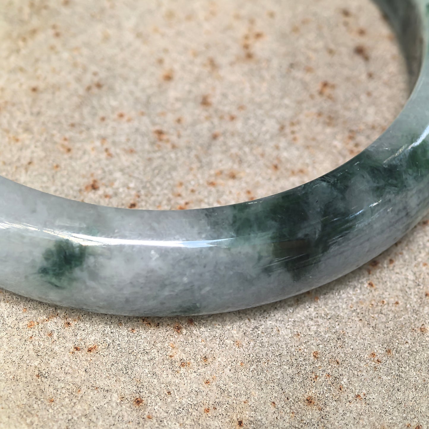 Glutinous Dark Green Floating Flower D-Shape Jadeite Bangle – 59mm