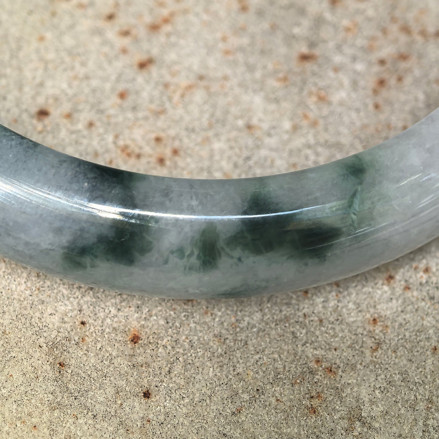 Glutinous Dark Green Floating Flower D-Shape Jadeite Bangle – 59mm