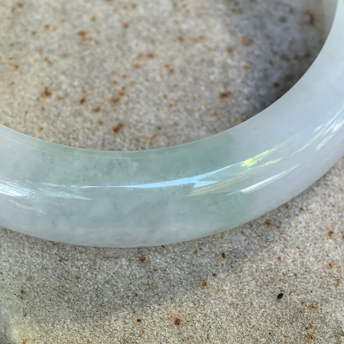 Glutinous White and Light Green D-Shape Jadeite Bangle – 55mm