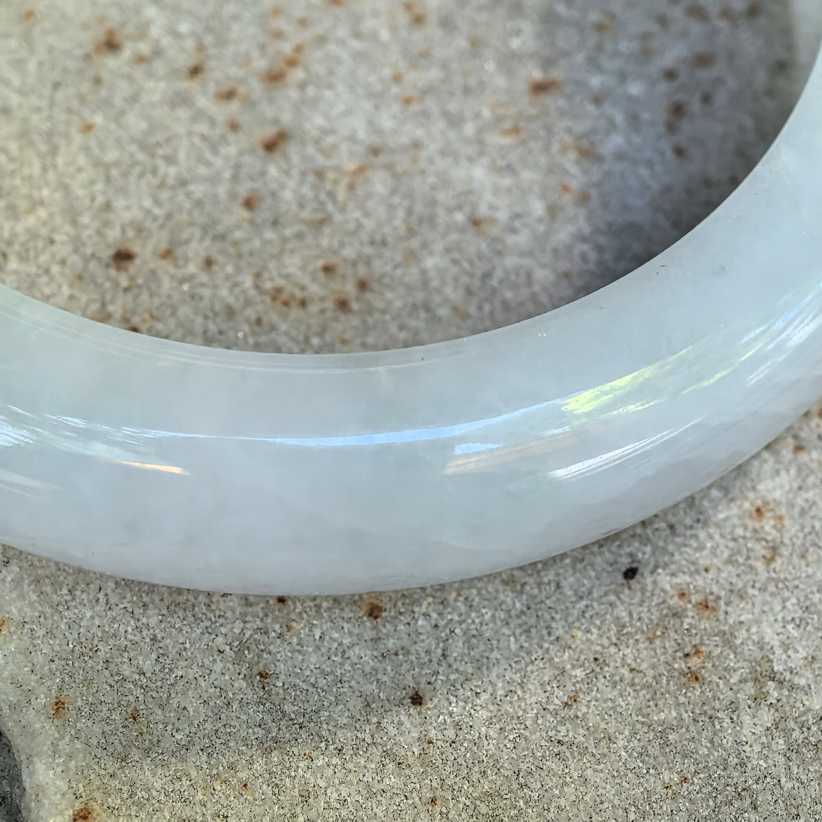 Glutinous White and Light Green D-Shape Jadeite Bangle – 55mm