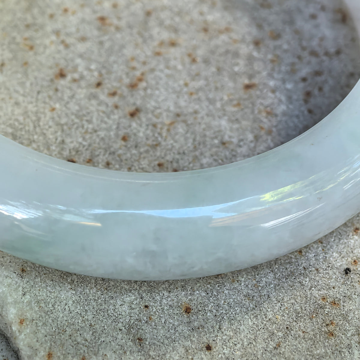 Glutinous White and Light Green D-Shape Jadeite Bangle – 55mm