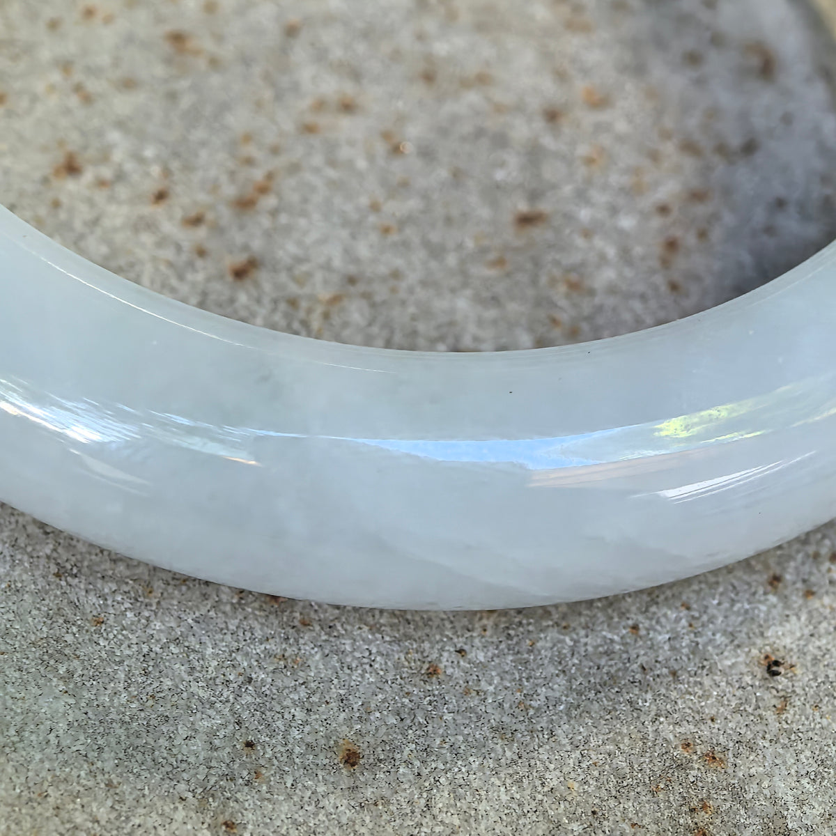 Glutinous White and Light Green D-Shape Jadeite Bangle – 55mm