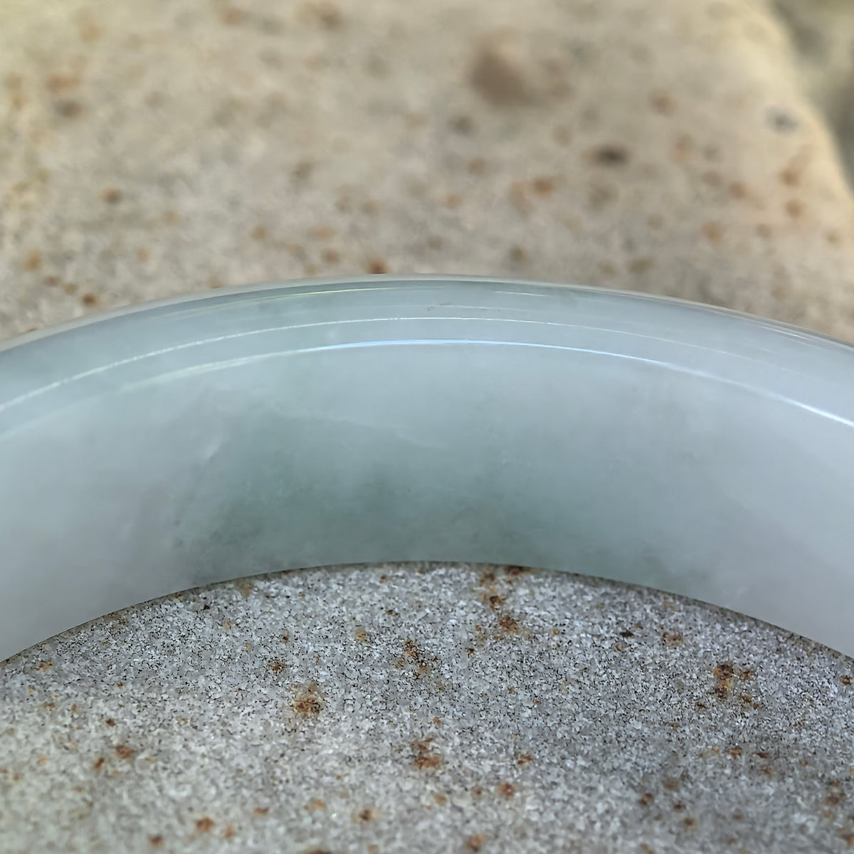 Glutinous White and Light Green D-Shape Jadeite Bangle – 55mm