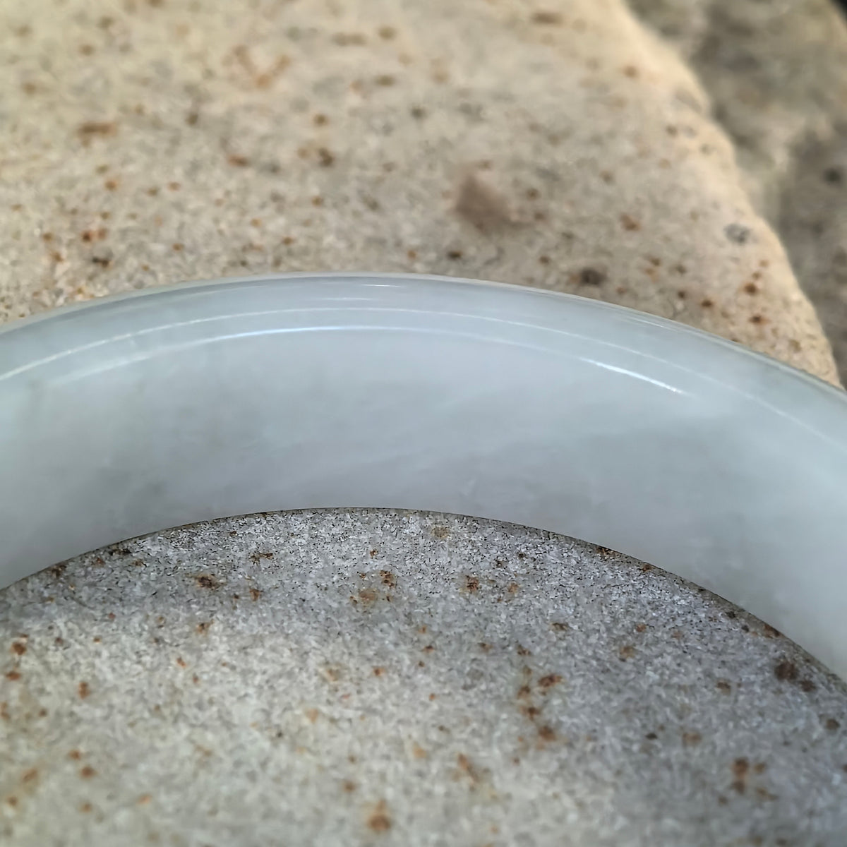 Glutinous White and Light Green D-Shape Jadeite Bangle – 55mm