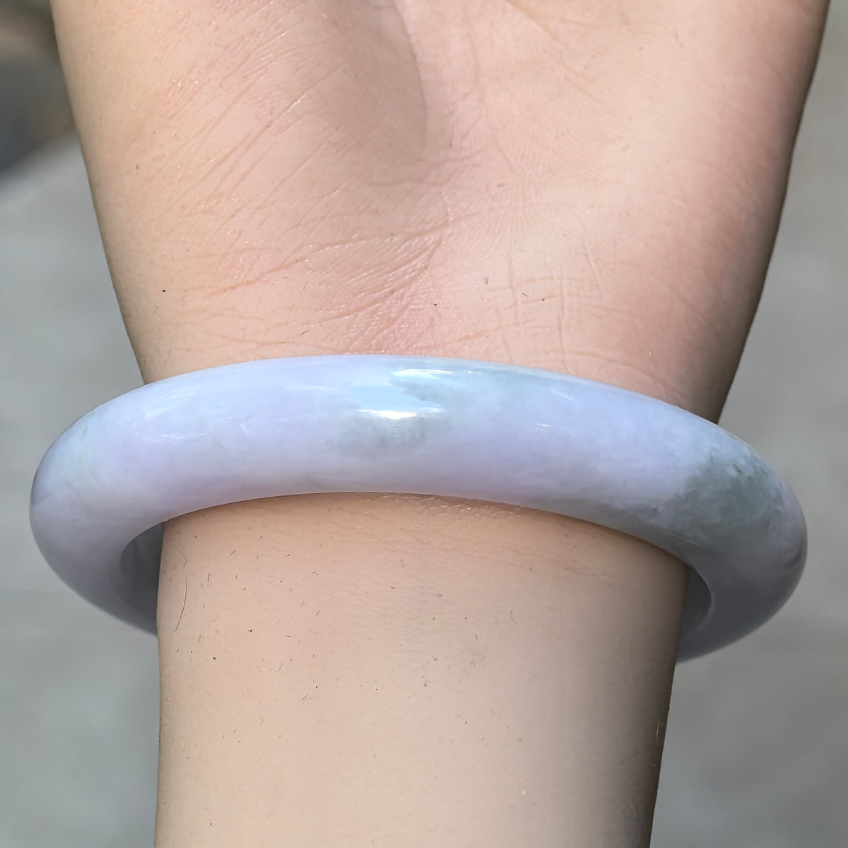 Glutinous Pale Lavender and Green D-Shape Jadeite Bangle – 56mm