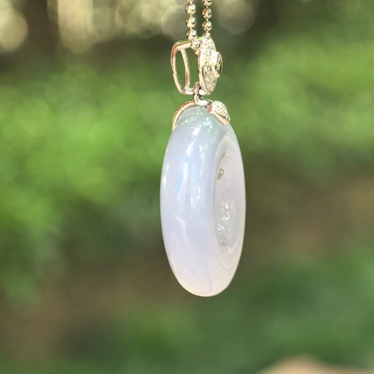 Icy Glutinous Lavender Jadeite Donut Pendant with 18K Gold and Diamonds