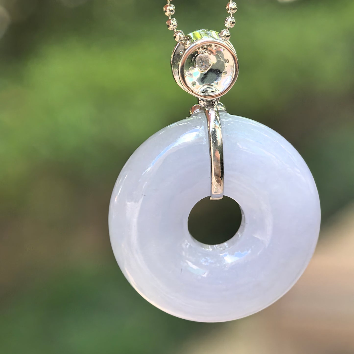 Icy Glutinous Lavender Jadeite Donut Pendant with 18K Gold and Diamonds