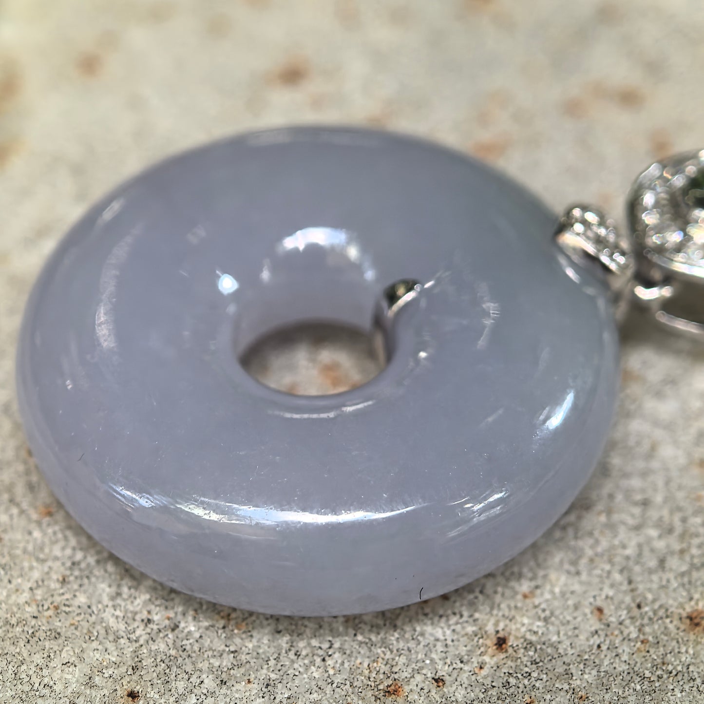 Icy Glutinous Lavender Jadeite Donut Pendant with 18K Gold and Diamonds