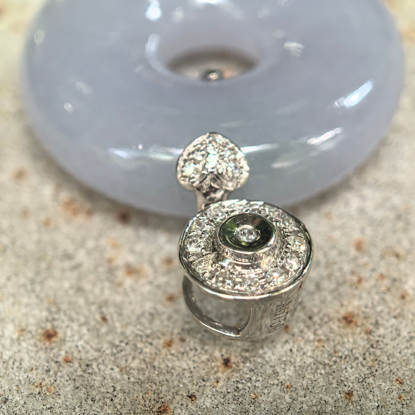 Icy Glutinous Lavender Jadeite Donut Pendant with 18K Gold and Diamonds