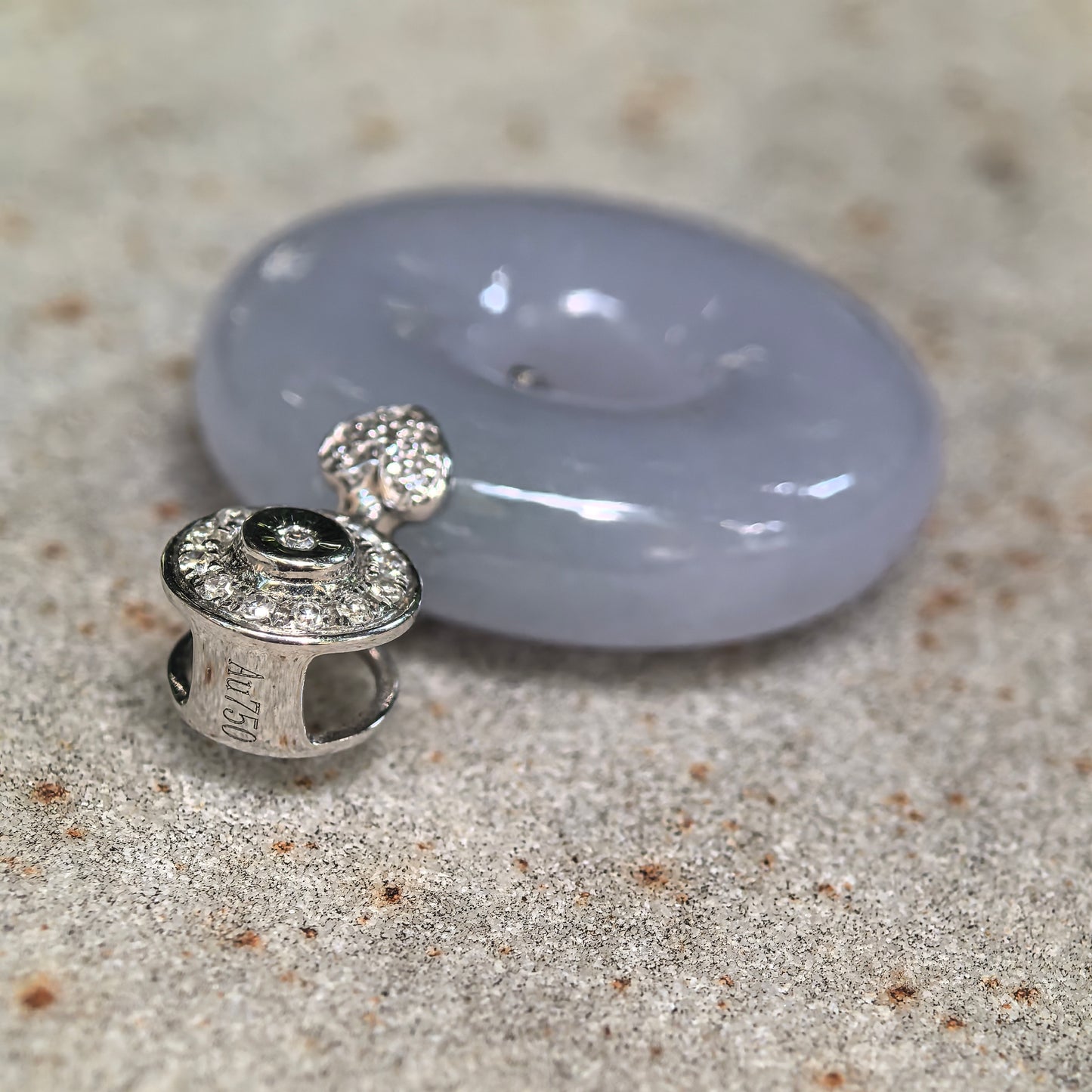 Icy Glutinous Lavender Jadeite Donut Pendant with 18K Gold and Diamonds