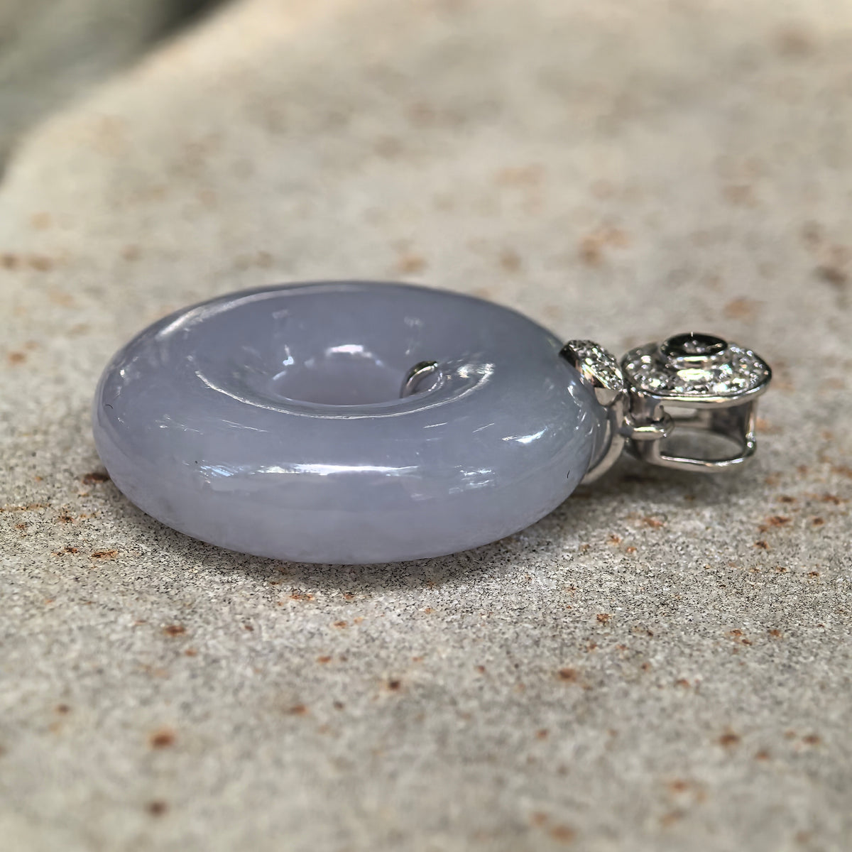 Icy Glutinous Lavender Jadeite Donut Pendant with 18K Gold and Diamonds