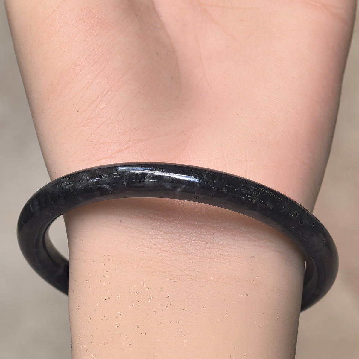 Glutinous Black and Gray Slim Round Jadeite Bangle -56mm