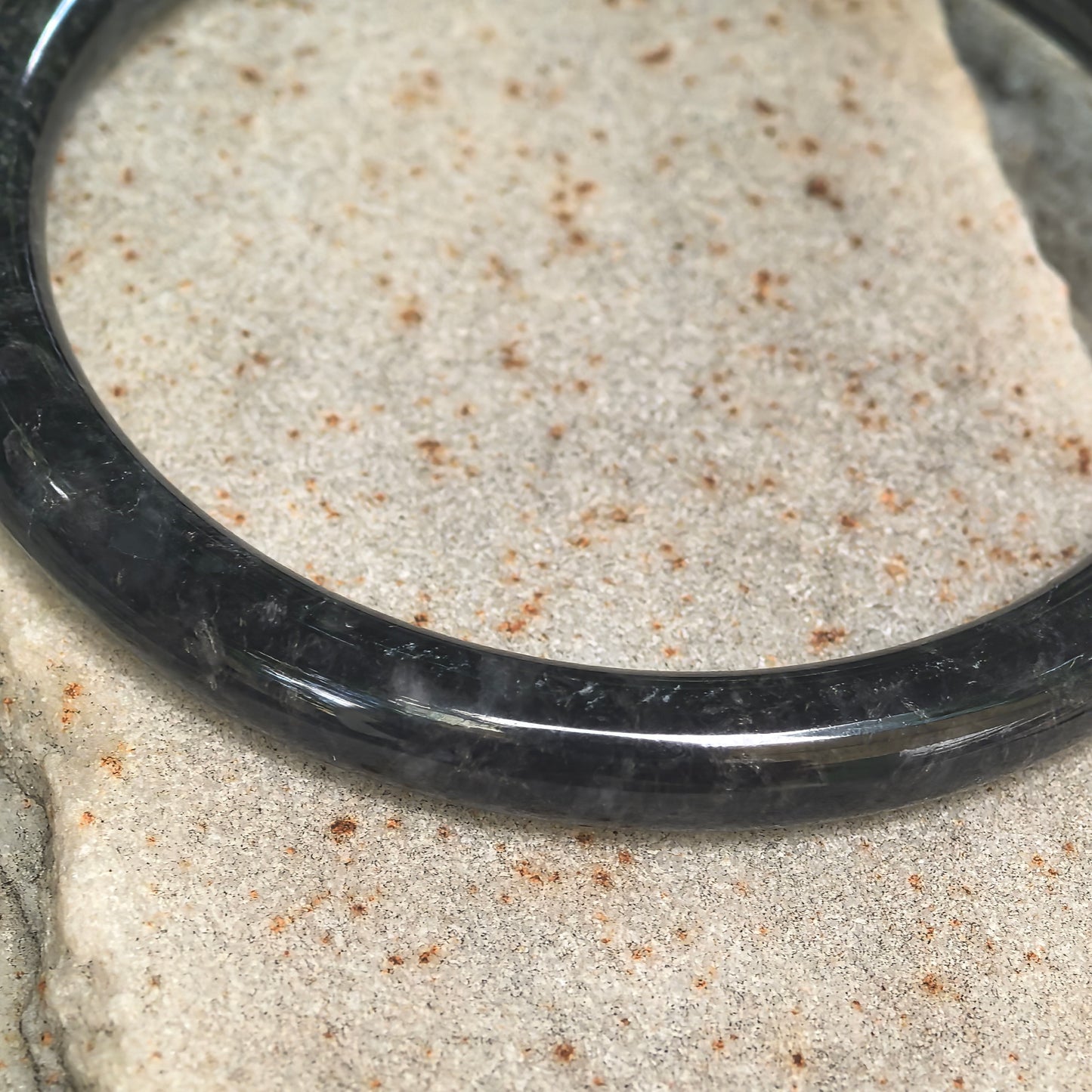 Glutinous Black and Gray Slim Round Jadeite Bangle -56mm