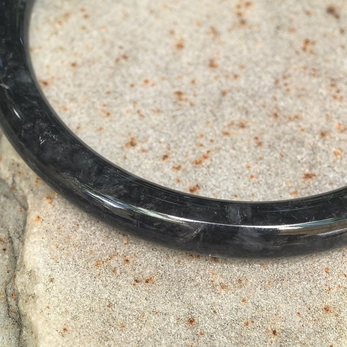 Glutinous Black and Gray Slim Round Jadeite Bangle -56mm