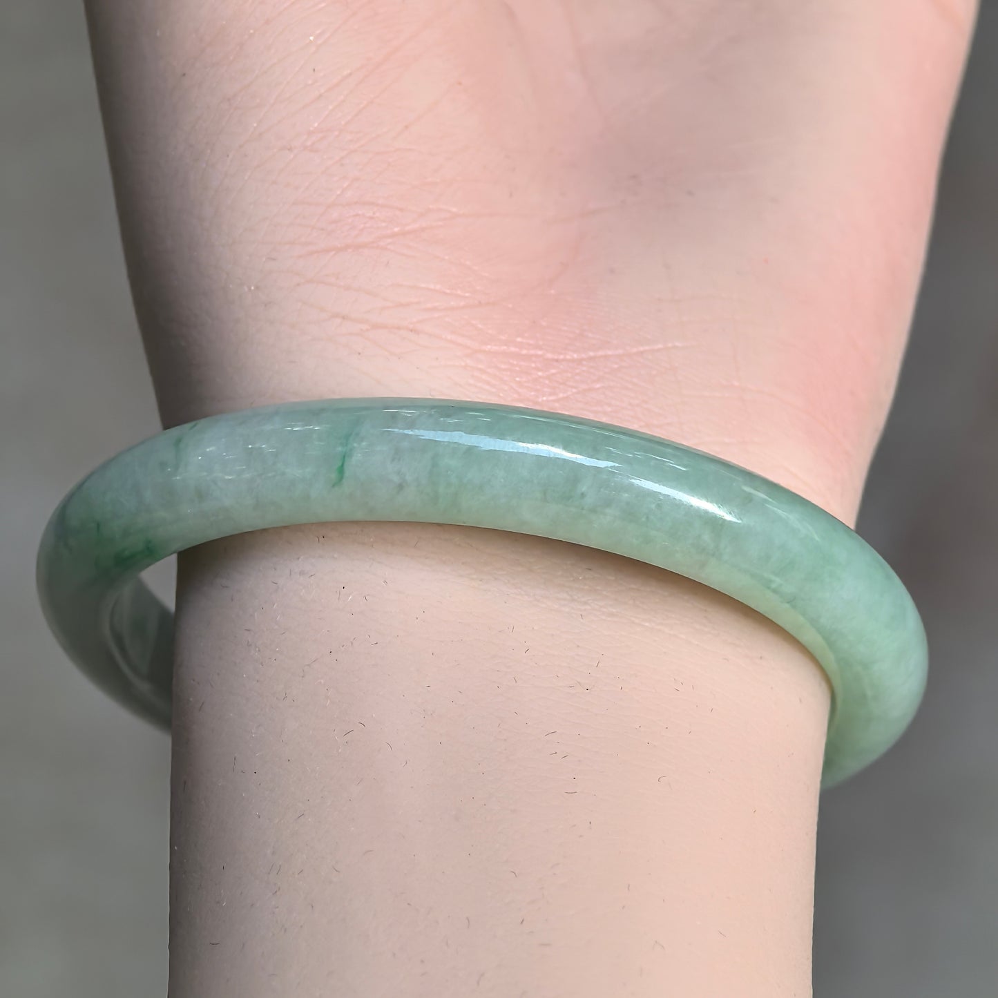 Glutinous Apple Green Slim D-Shape Jadeite Bangle -53mm