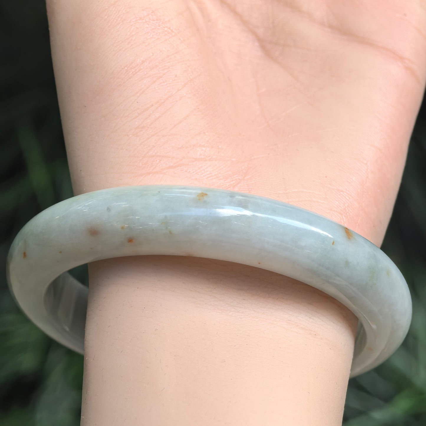 Glutinous Pale Green D-Shape Jadeite Bangle with Golden-Brown Flecks -60mm