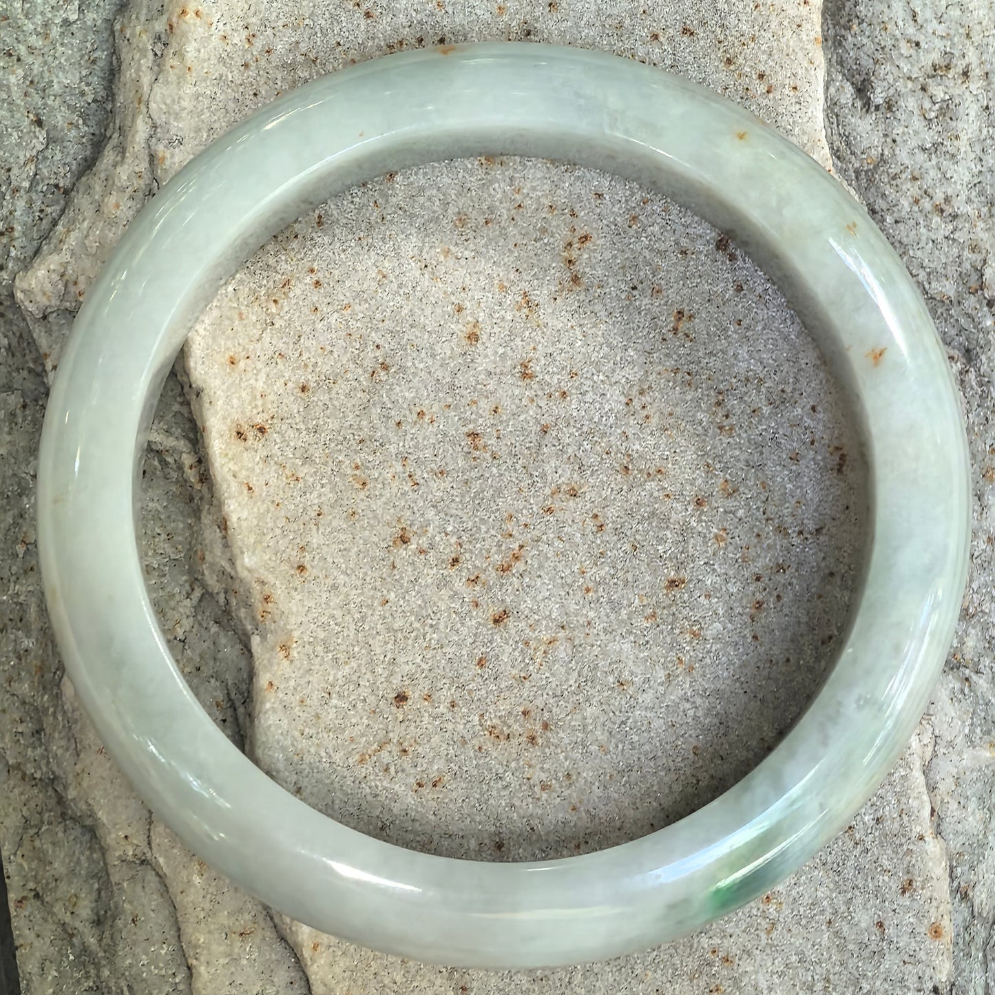 Glutinous Pale Green D-Shape Jadeite Bangle with Golden-Brown Flecks -60mm